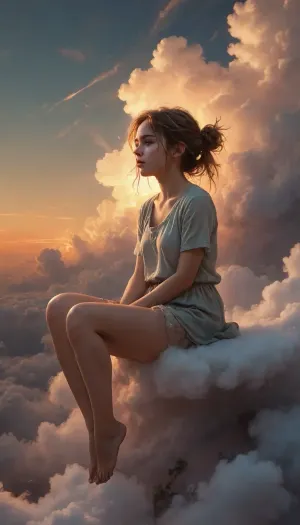 Art by WLOP, Cushart, Carne Griffiths, a very cute beautiful girl sitting on a cloud, dreamy atmospheric lighting, ethereal, serene, captivating composition, beautiful color palette, rough brushstrokes, sunset, above the clouds