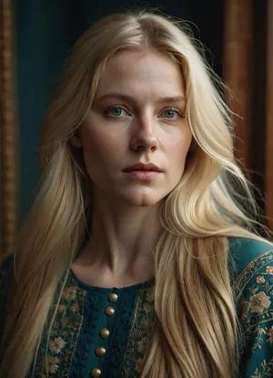 "A hyper-realistic photo of a Scandinavian woman called Fiona, early 30s, pale skin, long blonde wild hair, high detail, sharp focus"