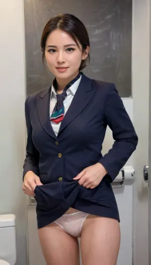 in toilet cabine, CHINESE stewardess, front view, (naked:1.3), tall and slim long legs， legs open, (skirt up, squatting on a toilet:1.2), (white underpanties pull down:1.3), (full body, bottom naked:1.2), (stewardess uniform, grey waistcoat, white short sleeve shirt, mandarin collar, (long legs:1.2), Chinese female, chinese face, featuring a simple background wall, ultra-detailed, highres, follow reference image text style, CFG 13, denoising 0.4. short black hairstle, blushing face, shameful, embarrassed, matured, close up, slender body, beautiful long legs, perfect hands, perfect fingers, (black stewardess flat shoes:1.2), small square blue scarf, beautiful face, ankle, The scene is photorealistic, with vibrant colors, soft stage lighting, and ultra-high detail, 4K resolution, woman, squat), alitalia_woman_jacket, alitalia_woman_skirt, alitalia_woman_white_shirt_short_sleeves, alitalia_woman_white_shirt_long_sleeves, alitalia_woman_dress, alitalia_green_silk_scarf, alitalia_red_silk_scarf, alitalia_blue_silk_scarf, alitalia_wool_scarf, alitalia_id_card, alitalia_badge, flight, attendant, stewardess, steward, yearbook, shot, bookworm, pose, squat, best, dressed, background, skirtlift, siastch, sitting, astride, a, chair, with, open, back, <lora:alitfina100Ep:.7>, <lora:yearbookshot_v1:.9>, <lora:267001_training_data:1.3>, <lora:skirtlift_xl:.5>, <lora:SitAstrideChair.0.9:1>