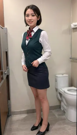 in toilet cabine, CHINESE stewardess, front view, (naked:1.3), tall and slim long legs， legs open, (skirt up, squatting on a toilet:1.2), (white underpanties pull down:1.3), (full body, bottom naked:1.2), (stewardess uniform, grey waistcoat, white short sleeve shirt, mandarin collar, (long legs:1.2), Chinese female, chinese face, featuring a simple background wall, ultra-detailed, highres, follow reference image text style, CFG 13, denoising 0.4. short black hairstle, blushing face, shameful, embarrassed, matured, close up, slender body, beautiful long legs, perfect hands, perfect fingers, (black stewardess flat shoes:1.2), small square blue scarf, beautiful face, ankle, The scene is photorealistic, with vibrant colors, soft stage lighting, and ultra-high detail, 4K resolution, woman, squat), alitalia_woman_jacket, alitalia_woman_skirt, alitalia_woman_white_shirt_short_sleeves, alitalia_woman_white_shirt_long_sleeves, alitalia_woman_dress, alitalia_green_silk_scarf, alitalia_red_silk_scarf, alitalia_blue_silk_scarf, alitalia_wool_scarf, alitalia_id_card, alitalia_badge, flight, attendant, stewardess, steward, yearbook, shot, bookworm, pose, squat, best, dressed, background, skirtlift, siastch, sitting, astride, a, chair, with, open, back, <lora:alitfina100Ep:.7>, <lora:yearbookshot_v1:.9>, <lora:267001_training_data:1.3>, <lora:skirtlift_xl:.5>, <lora:SitAstrideChair.0.9:1>