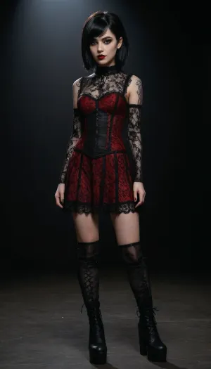Masterpiece, high resolution, ultra-detailed image, 8K, cute emo girl with black lipstick, dark eyeshadow, black hair with red highlights, wearing a super sexy black lace dress, high-laced platform boots, ultra-detailed photorealistic image, full body view, 8K quality.