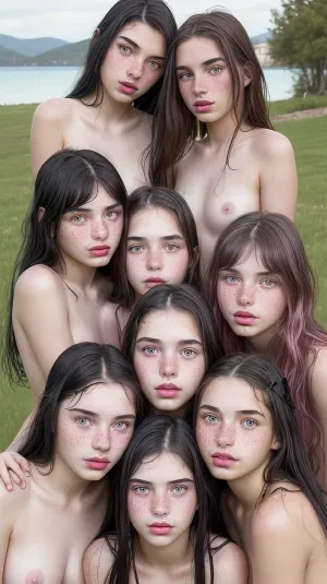 (((four 18 year old sisters))), four younger girls, naked, long black hair, freckles, pink lipstick, green eyes, (masterpiece), (detailed), super hot face
