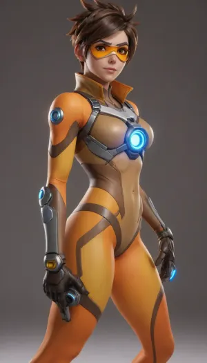 (((((Tracer from overwatch 2.5))))), (CrossFit body 2.5), (gymnastic legs and hands 2.5), (fitness ass 2.5), (medium tits 2.5), (very much blush on the checks and nose 2.5), (loving grey eyes 2.5), (open mouth 2.5), Posing, (absolutely naked 2.5), seamless white background, thin body, air bubbles, clean, minimalist aesthetic, soft shadow lighting, focus on body lines, medium body view, professional fashion photography