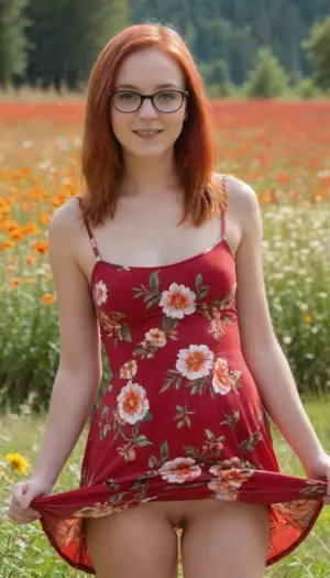 Sweet petite, little teenager in a, (floral red summer dress:1.6), light pink shoulder length hair with brown roots, thin rimmed glasses, nerdy, in a fields surrounded by wild flowers, summers day, trees in the background, mountains in the background, skirt, lift, LIFT, UP, SKIRT, FROM, BELOW, CURTSEY, woman, squat, <lora:skirtLift:1>, <lora:Lift Up Skirt:1.1>, <lora:woman_squat_xl_lora-000031:.8>