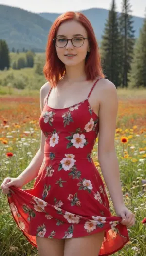 Sweet petite, little teenager in a, (floral red summer dress:1.6), light pink shoulder length hair with brown roots, thin rimmed glasses, nerdy, in a fields surrounded by wild flowers, summers day, trees in the background, mountains in the background, skirt, lift, LIFT, UP, SKIRT, FROM, BELOW, CURTSEY, woman, squat, <lora:skirtLift:1>, <lora:Lift Up Skirt:1.1>, <lora:woman_squat_xl_lora-000031:.8>