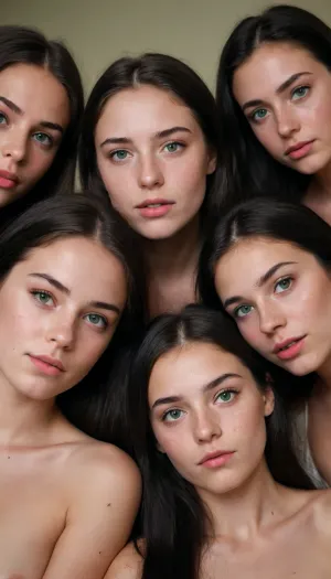 (((eight 18 year old sisters))), eight younger girls, naked, on a bed, long black hair, freckles, pink lipstick, green eyes, (masterpiece), (detailed), super hot face