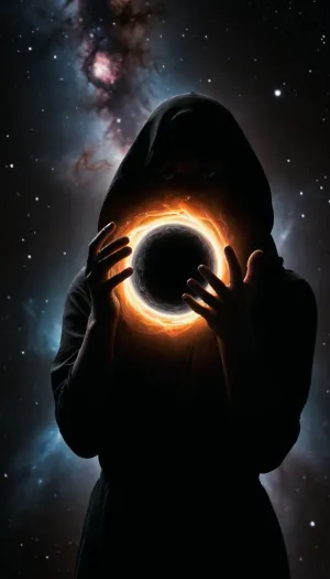 in deep space ghost female silhouette holding supermassive black hole in her hands, black hole with accretion disk, galaxies on background, focus on black hole, handslora, <lora:590198_training_data:.8>
