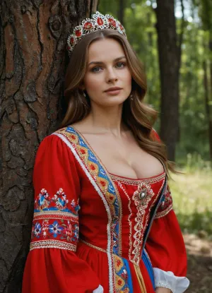 A woman with long, light brown hair is wearing a traditional Russian-style dress. The dress is predominantly red with intricate, embroidered designs in various colors, largely yellow, orange, and blue. Wide bands of decorative embroidery run vertically down the front and sides of the dress. A white blouse or top is visible underneath the dress. The sleeves of this top are also embellished with intricate embroidery and have a loose, flowing style. She is wearing a large, elaborate, decorated headpiece or crown in red and white. The headpiece features a scalloped design and has decorative beading or embellishments. The woman is leaning against a tree trunk, and the scene is outdoors in a wooded area. The background includes other trees and a light-colored ground. The light suggests it is a sunny day. The woman has a relaxed, almost serene expression., (detailed correct female fingers:1.3), DRSL camera, 8k ultra HD, hinaigirl, large, breasts, boobs, tits, <lora:SDXLHighDetail_v6-000005:.8>, <lora:MaybeBetterFaceInFullBodyLora_XL_rev3:.8>, <lora:bombshell_v2:.8>, <lora:681678_training_data:.8>