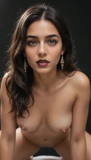 (goth), (Pakistani:1.5), naked milf, (gray eyes), very very long black curvy hair, ((black lipstick)), (furious:.9), nipples, cowgirl straddling, (leaning forward:1.4), (small tits:1.5), (black background:1.2), front view, close up, top down, view, arms behind back, frown, mouth open, outline, bright lighting, oiled, skin, tone, tanned