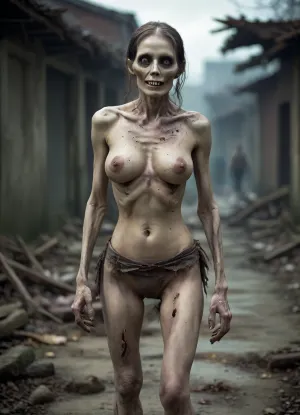 (Smiling zombie:1.4), An unnaturally skine mature Asian female zombie in full height. Her face is untouched and looks magnificent. Her anorexic figure is emphasized by torn clothing that exposes her skeleton. High-heeled shoes elongate her bony legs, large breasts, torn clothes, (one breast exposed:1.5), walking through a destroyed post-apocalyptic deserted Seoul, z0mb13, <lora:Zombie_XL_z0mb13:.9>, <lora:HellAI_XL-000011:.1>, <lora:Stunning_eyes_2:1.1>, <lora:EmmaWatsonFace2012-2017_resolution2048_v1.0-000025:1.2>, <lora:RPGSkeletonXL:.1>