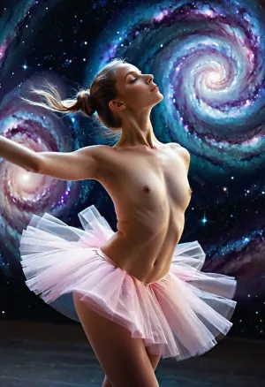 (Android girl:1.5), ballerina, ((naked in a ballet tutu)), fouetté in outer space, against the backdrop of a spiral galaxy, <lora:cyber_aesthetic_sdxl:1.1>