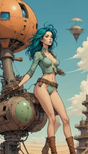 score_9, score_8_up, score_7_up, woman flying high on a mechanical bird machine, (A detailed drawing with clean lines, flat colors, line art, no gradients, green and blue and orange palette), realistic anatomy, wind-swept hair, steampunk, deset wasteland, clouds, sand storm, desert city down below, Moebius, detailed face, (Jean Giraud), page, lineart, <lora:Moebius (Jean Giraud) Style:1>, <lora:outline_xl_kohaku_delta_spv5x:1.1>, <lora:lineartSDXL:.8>