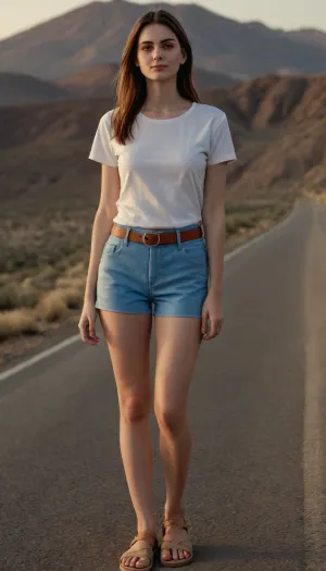 a young girl, brown straight hair to her waist, ((narrow hips)), normal build, (medium height), (very slender legs), (small breasts), serious, (((white T-shirt))), (((blue high-waisted shorts))), (((brown leather belt))), (((beige sandals))), posing on the side of the highway, surrounded by a desert landscape, mountains on the horizon, orange evening sun, Natural face, hight resolution face, no makeup, visible pores, ultrarealistic skin texture