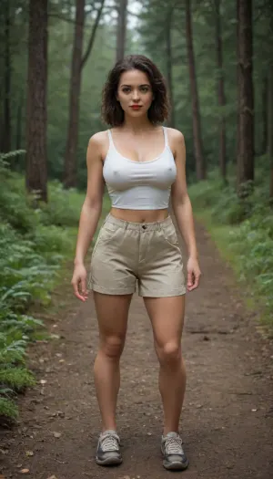 brunette, black eyes, medium natural breasts, white tank top, khaki shorts, red lipstick, hiking mountain forest trail, big Breasts, full body view