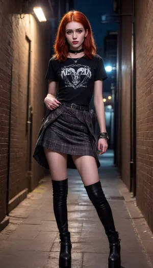 (full frame view, zoom out, full body view, hyper realistic:2), (most beautiful slender 18 year old redhead punk model in a dark alley at midnight, slim, tall, confident, assertive, strong, proud:2), (wearing oversize buckled black platform boots, plaid miniskirt, t-shirt, spiked wristbands, spiked choker:2), (show nude shaved hairless innie pussy:1.8), (professional fashion photoshoot, NSFW:1.7), (beautiful detailed face with heavy make-up:1.2), (erotic photo, porn photo, pornography, photorealistic, photo realistic, photorealism, photo realism, realistic, realism, light blank background:1.5), (4k, 8k, 8k resolution, best quality, ultra quality, highest quality, maximum quality, uncompressed, raw source photograph:1.2), (intricate clothing, detailed clothing, detailed skin, realistic skin), skirtlift, flat, chested, <lora:skirtlift_xl:1>, <lora:Creat0r_MagicDetailzV2_FIX:1>, <lora:SDXLFaeTastic2400:1>, <lora:flat_chested_v3.5:.8>