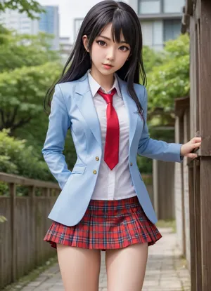 cute anime schoolgirl, (slightly wavy long black hair, large green eyes, cherry-red lips, slightly asian slavic face, very cute, (highly detailed hair, highly detailed eyes), pale skin, sporty, supermodel lookalike, (torpedo tits, medium pointed breasts:1.3), (conical breasts protrude forward really hard), smooth knees, long slender legs), (highly detailed hair, highly detailed eyes), (anime drawing:1.6), (artwork, digital painting, flat colors), (well-dressed, elite school uniform, white button-up shirt, light-blue blazer, blue tie, tartan super short miniskirt), elite school backyard, (anime reality background:1.5), shy, embarrassed, (blushing:1.5), deep squatting, open wet pussy, piss in public, (peeing:1.5)
