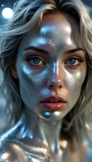 In space, Marvel comics, sexy female Silver surfer, silver face paint, silver face, silver feet, silver surf board, surfing through space, <lora:MJ52:.4>, silver eyes, perfecteyes, <lora:PerfectEyesXL:.8>, but, <lora:BUT_SDXL_SHS:.8>