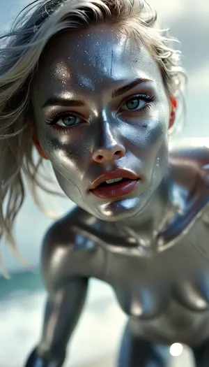 Marvel comics, sexy female Silver surfer, silver face paint, silver face, silver feet, silver surf board, surfing through space, <lora:MJ52:.4>, silver eyes, perfecteyes, <lora:PerfectEyesXL:.8>, but, <lora:BUT_SDXL_SHS:.8>