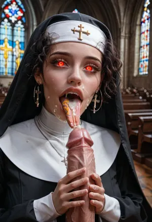 In a church a nun kneels and prays taking a jet of cum on her face a priest with a big and thick penis ejaculates on the nun's face, Nun with red eyes and snake tongue
