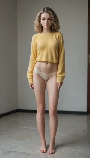 A 20-year-old blonde girl with curly hair and small breasts, wearing a yellow sweater that reaches her navel and yellow lace panties. Full-length