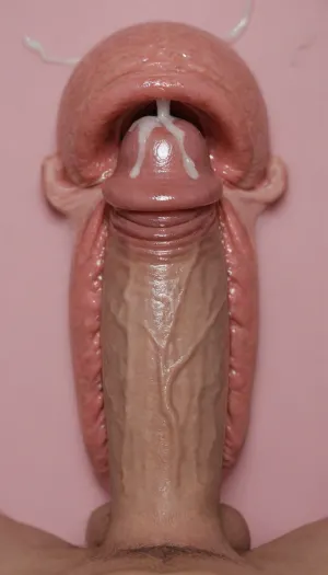 Extreme close-up, x-ray, cervix penetration, ejaculation, pov, penis focus, pink background, solo, disembodied big penis