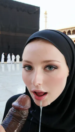 8k, 18 years old, high resolution, wearing black hijab, cum dripping, perfect lips, in front of kaaba, pale skin, <lora:JustCum:1.7>