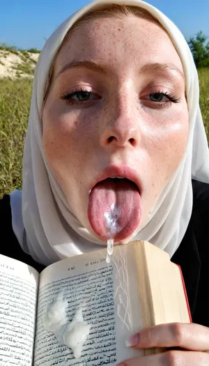 Transparent hijab, licking quran, freckled pale skin, cum dripping lips