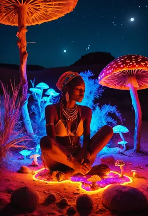 woman African shaman sitting crossed leg in the desert, desert oasis, psychedelic, psychedelic amanita mushrooms, hallucinations, trippy, reij-bnysplsh, PENeonSign, neon, sign, glowing, colorful, <lora:The_Hallucinator:1.2>, <lora:ebonysplash-000005:1.8>, <lora:PE_NeonSignStyle:1.8>, <lora:MJ52:1.7>