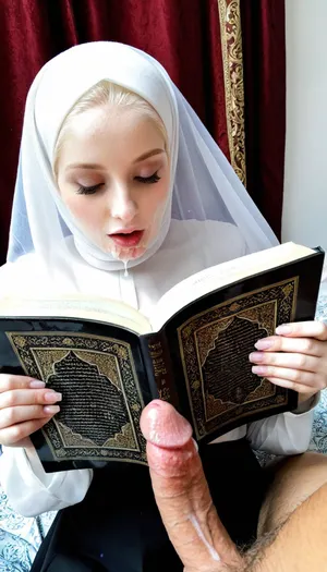 Transparent hijab, reading quran, pale skin, girl holding man dick, cum covered