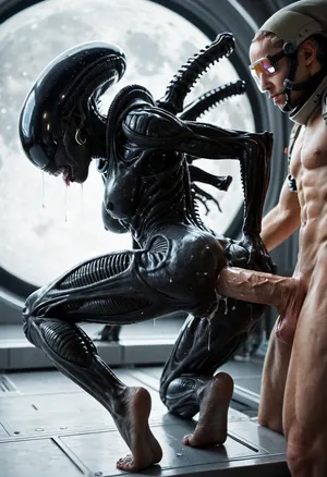 On the moon a female xenomorph alien being fucked by an astronaut with a giant penis anal sex full body