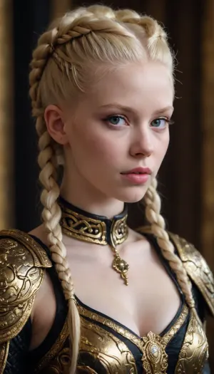 Tense Young Dark Female albino Warrior for the God of Chaos and War in fearsome and also beguiling wealthy expensive ornamated pomp splendor pageantry magnificence opulence, sumptuousness heavy armor in very black and bright gold with piquant insights. multi-braided hairstyle