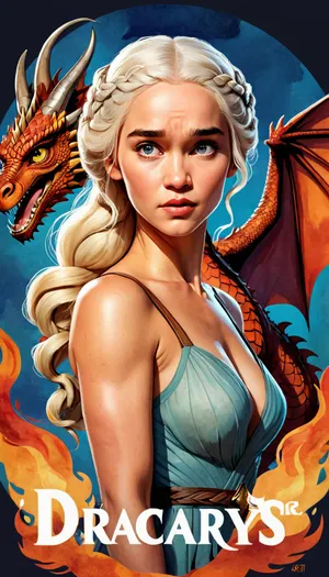 A cartoon Daenerys Targaryen and her dragon, blonde braided hair, nude, Dark, fiery eyes narrowed in rage. Art Nouveau watercolor background with text "Dracarys!", fire, (Style, Classic Cartoon Animation, 2D Animation, Cel Animation Lighting, Flat, Even Lighting Composition, Medium Shot, centered Details, Bold Outlines, Simple Shading, Expressive Facial Features, Wondering Expression Quality, High Quality Cartoon, Vibrant Colors), Vector, Cartoon, Illustration, <lora:Vector cartoon illustration-000008:.8>, text, as, "", style_brush, style_bebas, <lora:textxl:.8>