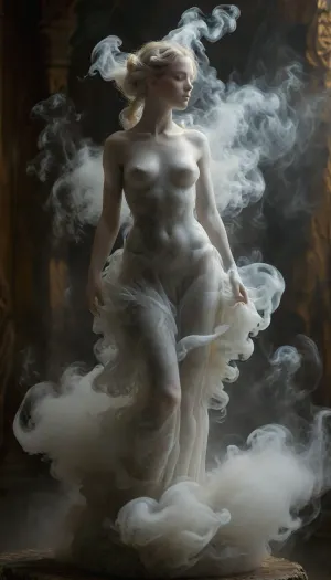 (masterpiece, best quality, ultra-detailed, cinematic lighting, 8k), (Ethereal marble Venus sculpture made of fog:1.2), myst, dissolved silhouette, curving hips and draped hair made of fog, translucent particles glowing with dawn light, volumetric atmosphere, detailed marble texture, artistic macro photography, shallow depth of field, minimalist composition, pale gold and pearl color palette, dark ancient museum background, chiaroscuro, (sculpture made of fog:1.3), in the style of MarbleStatueXL, mentixis, metix, msfg, dress, sm0k3dr3ss, <lora:mentixis:.8>, <lora:fog_creatures_v4:.8>, <lora:Smoke_Shesh_Dress_XL:.8>, <lora:MJ52:.8>