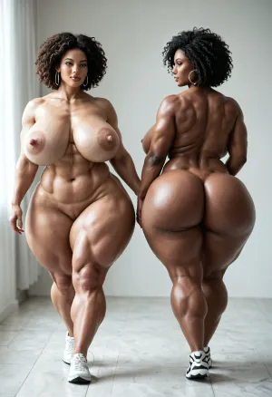Nude, BBW extremely chubby African women, hyper colossal boobs, extremely large areola, extremely huge puffy nipple, extreme hyper colossal round butts, butts wider and larger than torso, thin waist, muscular abs, walking on nude fashion ramp, back view
