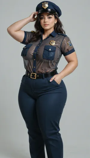 BBW extremely chubby Indian police women, extremely huge booty, extremely huge boobs, Full-body front and back view, straight-on angle, eye level, neutral pose, clear details, extremely transparent cloths, extremely see through Khaki shirt, extremely see through khaki trousers, black belt with buckle, name badge on chest, shoulder insignia, police emblem on beret or peaked cap, short sleeves, utility pockets on shirt and trousers, badge on left chest, large, breasts, boobs, tits, seethru, <lora:bombshell_v2:1.2>, <lora:seethruv3_SDXL:.5>