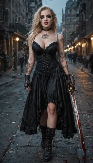Vampire, pale woman, standing, long blonde hair, gothic, steampunk, (moonlight), full body view, photo realistic, ((dark eye makeup)), masterpiece, face details, fangs, blood dripping, skin details, long black dress, large breasts, gloves, city, night, street, laced boots, tattoos, sword on her back, pistol in hand, choker, metal ring, 19th century