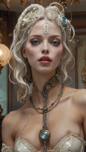 A UHD photo, Baroque Style, dreamlike Hyperdetailed grunge art fantasy illustration featuring an cyberpunk female android, hair from wires, white porcelain face, sci-fi, elegant, dreamy atmosphere, intricate, ornate, decorative, pastel colors, whimsical, embellished, figura serpentina, dynamic twisted poses, elaborately decorated, inspired by, [Brian M Viveros, Esao Andrews], Exaggeration, Elongation, Emotional Expression, Unconventional, Dramatic Pose, Complex Arrangements, Distorted Proportions, Artificial Elegance, Expressive Figures, Twisted Forms, Virtuosity, Sophistication, Intense Emotions, unbalanced composition, dynamic and visually engaging composition, with high levels of detail, 4ng3l, face, <lora:SDXL_BetterFaces-LoRA_v1:.8>, Stable-Yogis-Makeup-Enhancer-XL, <lora:xl_more_art-full_v1:.8>, <lora:cfg_scale_boost:.8>, hinaigirl, <lora:MaybeBetterFaceInFullBodyLora_XL_rev3:.8>, <lora:SquattingAnal:.8>