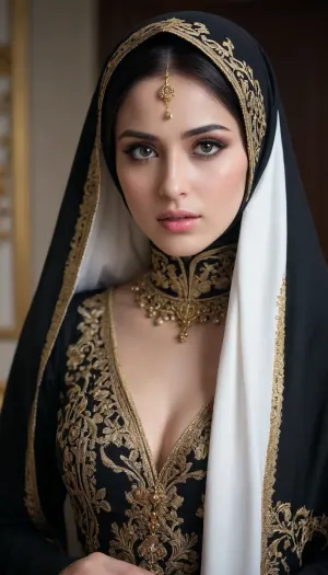 a woman dressed in a traditional Islamic outfit, adorned with a black hijab and a black abaya. The woman's dress is adorned with gold embroidery, adding a touch of luxury to her outfit. The backdrop is a stark white wall, creating a stark contrast to the woman's outfit. Face Detail, Enhanced Beauty, unhappy, Realistic Model, Angry Face, Hot Body, Sexy Body, Man, Attractive, Handsome Boy, Enhanced all details, Extremely Beautiful, Gorgeous, Pretty Face, Attractive Figure, Mystical Beauty, Sexy Anime Girl, Hot Anime, Hot body, Attractive Body