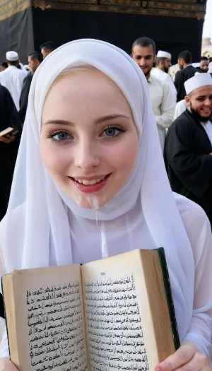 8k, 18 years old, high resolution, wearing transparent hijab, ultra-detailed, pale skin, in front of kaaba, crowd of muslim people, very happy, reaslistic face, reading quran, cum on quran, cum dripping to quran