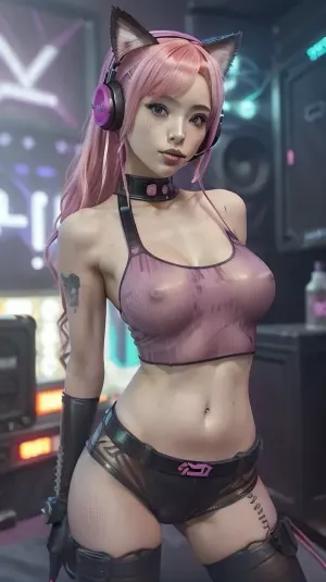 (1camgirl 18 yo with pink hair in a sexy outfit with headphones and a cat ears), m4 sopmod ii girls frontline, oppai cyberpunk, seductive anime girl, perfect android girl, cyberpunk anime girl, artwork in the style of guweiz, female cyberpunk anime girl, trending at cgstation, trending on cgstation, fine details. girls frontline, from girls frontline, girls frontline universe, guweiz, cyberpunk femme fatale, nude, with pokies, SkinPerfection_NegV15, (slim girl), (small breasts), (small butt), lingerie, (freundliches lächeln), ((cat pose)), candy room, amplifier, ((she is a singer in a metal band that is currently playing at a festival)), <lora:pokies_9:.9>
