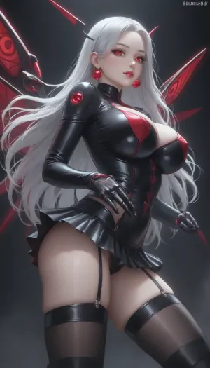 (1womens:1), robot girl, beatuiful slim, long hair, white hair, beautiful robot eye, big robot wings on bake, very huge breast, big ass, neon red mini short and mini skirt, high quality, looks at the viewer, milf, Close-up view, lust and falling in love