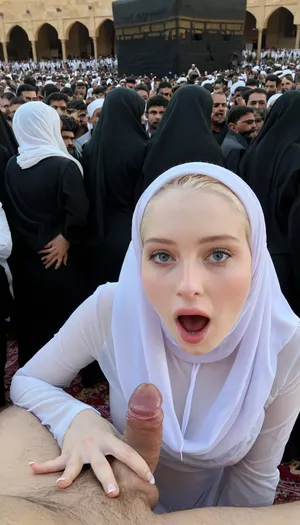 8k, 18 years old, high resolution, wearing transparent hijab, ultra-detailed, pale skin, orgasm face, in front of kaaba, crowd of people