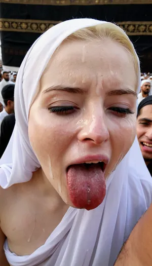 8k, 18 years old, high resolution, wearing transparent hija, ultra-detailed, pale skin, in front of kaaba, crowd of muslim people, muslim people angry, crying, reaslistic face, tounge out