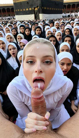 8k, 18 years old, high resolution, wearing transparent hijab, ultra-detailed, pale skin, orgasm face, on knees, detailed dick, man pov, in front of kaaba, crowd of muslim people, muslim people angry, reaslistic face, tounge out, cum