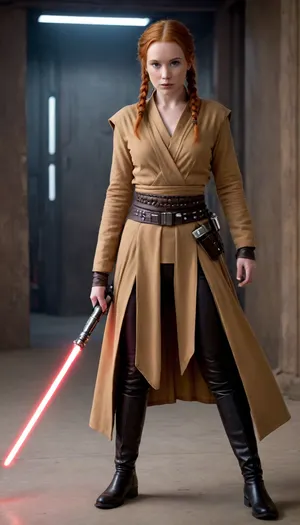 30 year old female Jedi, redhead, Irish ginger, Star Wars setting, light brown robes that reveal pussy and breasts, full body, hairy pussy, lots of pubic hair, black belt around her waist, lightsaber hanging from belt, black plain calf high leather boots, hair in braids