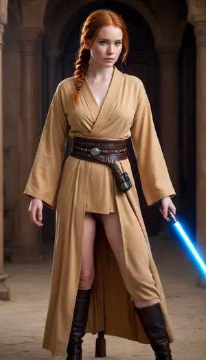 30 year old female Jedi, redhead, Irish ginger, Star Wars setting, light brown robes that reveal pussy and breasts, full body, hairy pussy, lots of pubic hair, black belt around her waist, lightsaber hanging from belt, lightsaber is off, black plain calf high leather boots, hair in braids, visible pussy, freckles, cute face, revealing robes