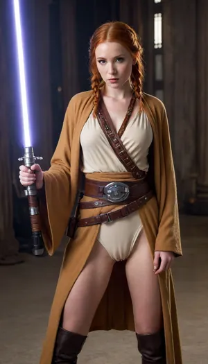 30 year old female Jedi, redhead, Irish ginger, Star Wars setting, light brown robes that reveal pussy and breasts, full body, hairy pussy, lots of pubic hair, black belt around her waist, lightsaber hanging from belt, lightsaber is off, black plain calf high leather boots, hair in braids, visible pussy, freckles, cute face, revealing robes