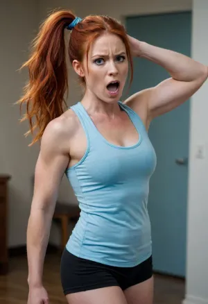 Rebecca, interior, (long red hair in ponytail), (light blue tank top), (muscular), yelling, (exaggerated features), dynamic pose, pointing finger, angry/upset expression