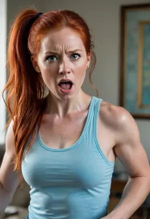 Rebecca, interior, (long red hair in ponytail), (light blue tank top), (muscular), yelling, (exaggerated features), dynamic pose, pointing finger, angry/upset expression