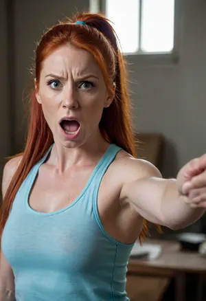 Rebecca, interior, (long red hair in ponytail), (light blue tank top), (muscular), yelling, (exaggerated features), dynamic pose, pointing finger, angry/upset expression